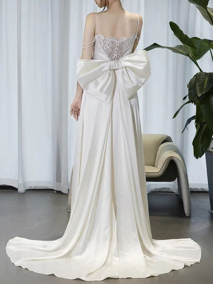 Timeless A line Spaghetti Straps White Satin Long Wedding Dresses SD2140