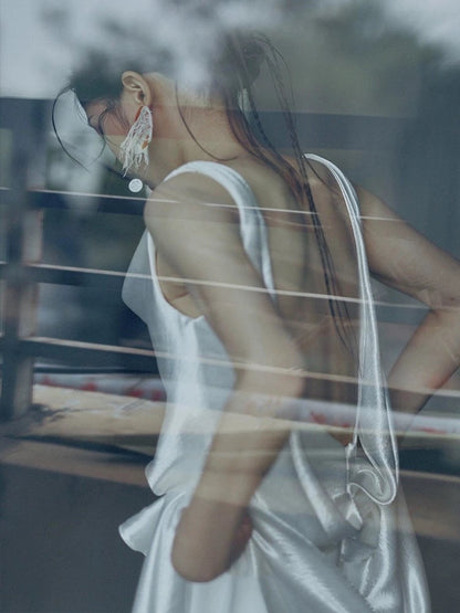 Timeless A line Straps White Satin Long Wedding Dresses Bridal Dress SD2143