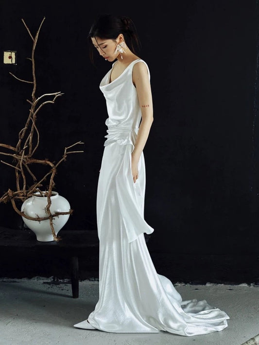 Timeless A line Straps White Satin Long Wedding Dresses Bridal Dress SD2143