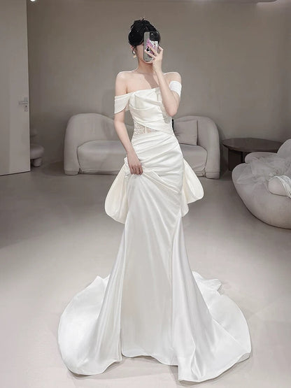 Timeless Mermaid Off The Shoulder White Satin Long Wedding Dresses Bridal Dress SD2145