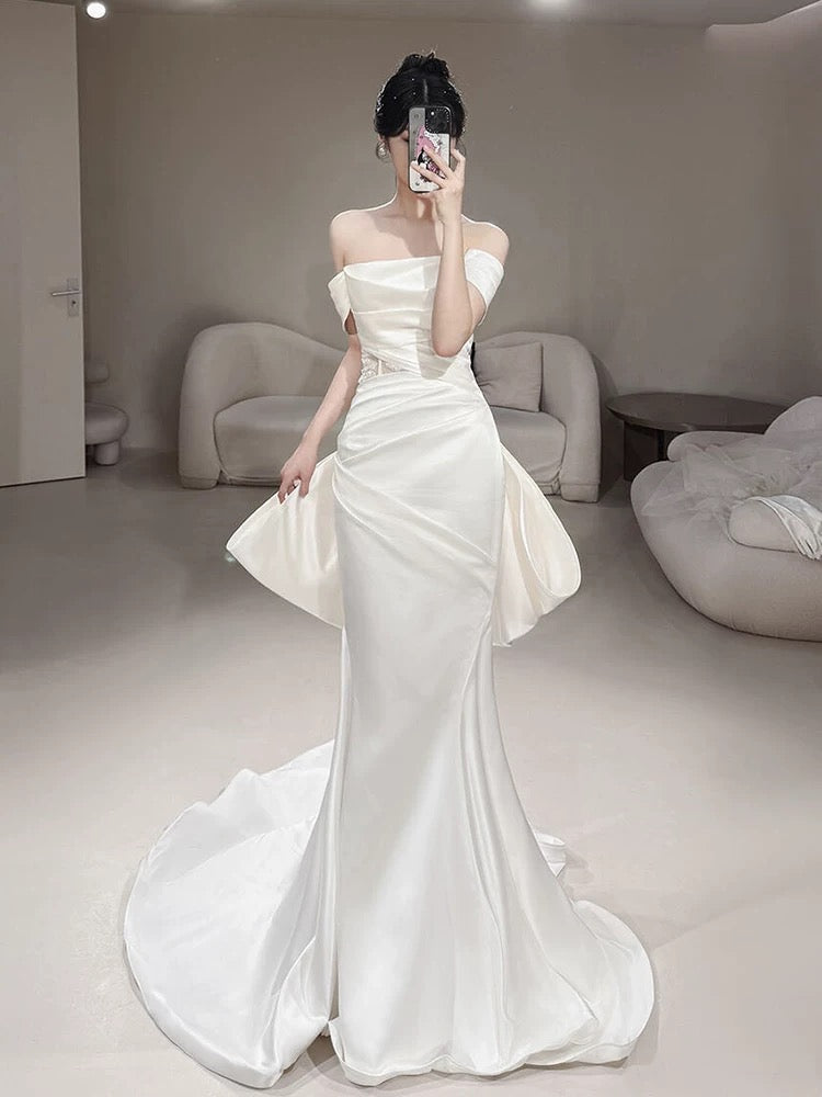 Timeless Mermaid Off The Shoulder White Satin Long Wedding Dresses Bridal Dress SD2145