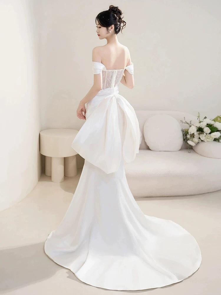 Timeless Mermaid Off The Shoulder White Satin Long Wedding Dresses Bridal Dress SD2145