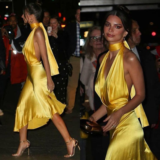 Pretty Mermaid Halter Yellow Satin Prom Dress Evening Dress Formal Dress SD2171