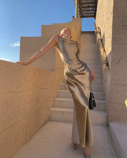 Fancy Mermaid Straps Neckline Champagne Satin Long Prom Dress Evening Dress Formal Dress SD2175