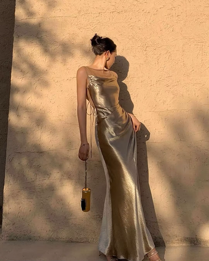 Fancy Mermaid Straps Neckline Champagne Satin Long Prom Dress Evening Dress Formal Dress SD2175