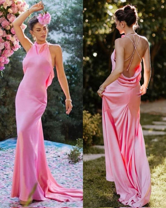 Pretty Mermaid Halter Pink Backless Prom Dress Evening Dress Formal Dress SD2178