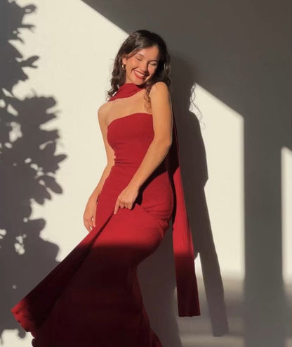 Pretty Mermaid Spaghetti Straps Floor Length Red Prom Dress Evening Dress Formal Dress With Ribbon SD2194