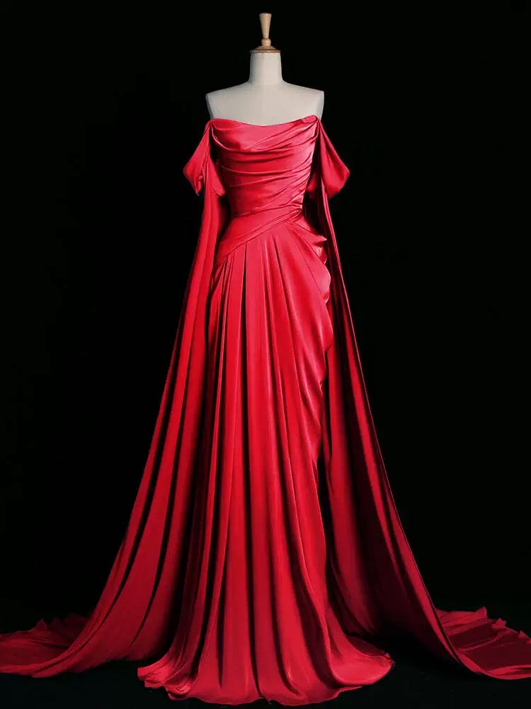 Vintage A Line Off The Shoulder Satin Prom Dresses Long Evening Gown Formal Party Dress SD2199