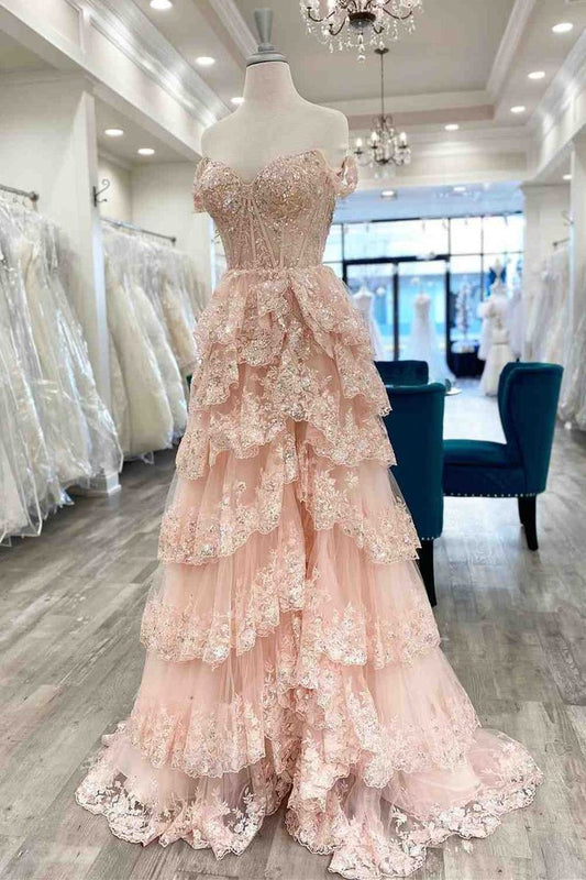 Pretty A-Line Off The Shoulder Blush Pink Lace Slit Long Prom Dresses Formal Evening Dress SD2202