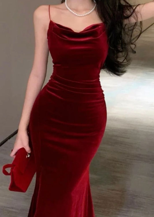 Gorgeous Mermaid Spaghetti Straps Burgundy Velvet Long Prom Dresses Formal Evening Dress SD2210