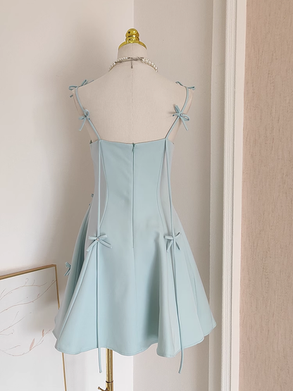 Simple Ball Gown Straps Satin Blue Short Birthday Outfits 16th Birthday Dresses SD221