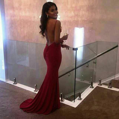 Sexy Mermaid Spaghetti Straps Satin Burgundy Prom Dresses Long Party Dress SD2226