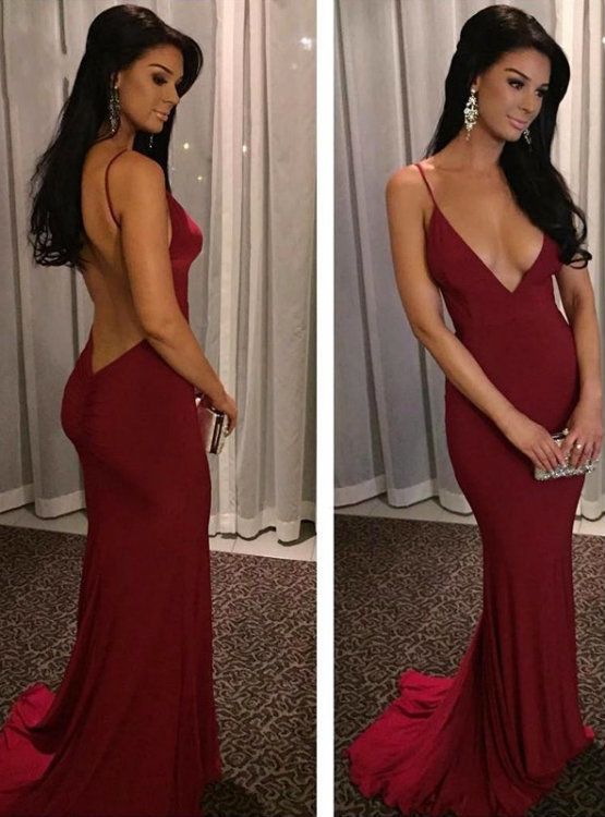 Sexy Mermaid Spaghetti Straps Satin Burgundy Prom Dresses Long Party Dress SD2228