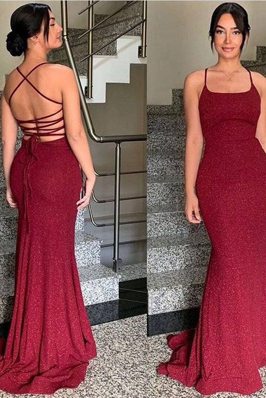 Sexy Mermaid Spaghetti Straps Sequin Burgundy Prom Dresses Long Party Dress SD2229