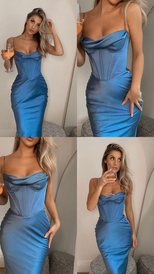 Sexy Mermaid Spaghetti Straps Blue Satin Prom Dresses Long Party Dress SD2233