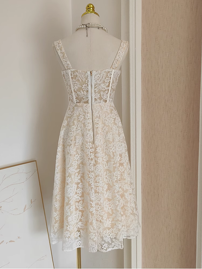 Sexy A Line Spaghetti Straps Tulle Lace White Women's Holiday Dresses SD223