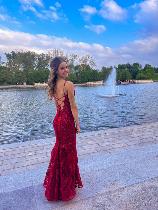 Pretty Mermaid Spaghetti Straps Burgundy Backless Prom Dresses Long Party Dress SD2270