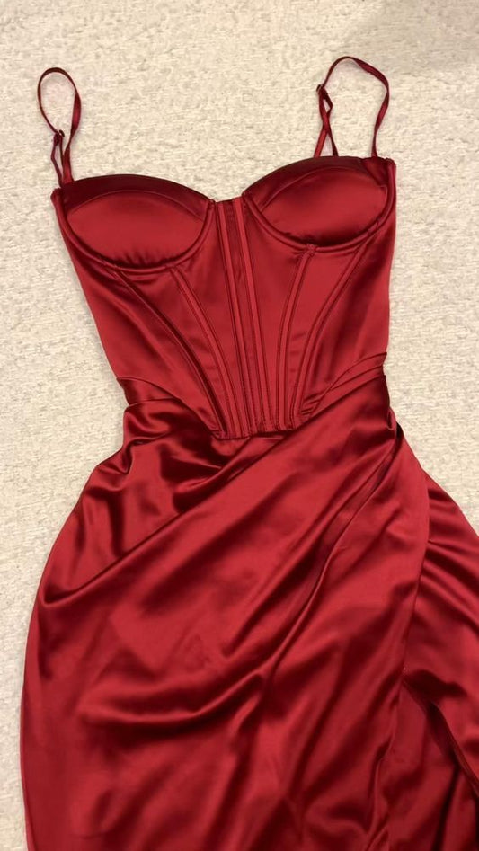 Sexy Mermaid Red Satin Spaghetti Straps Prom Dresses Long Party Dress SD2272