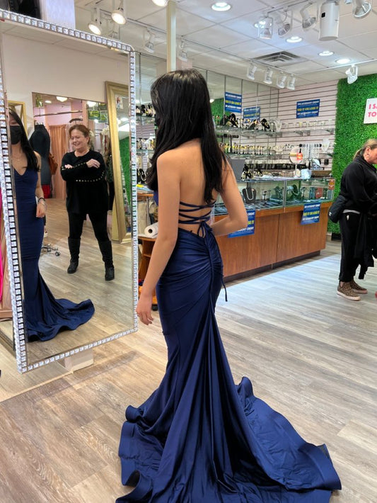 Sexy Mermaid Navy Blue Satin Long Backless Prom Dresses Long Party Dress SD2275