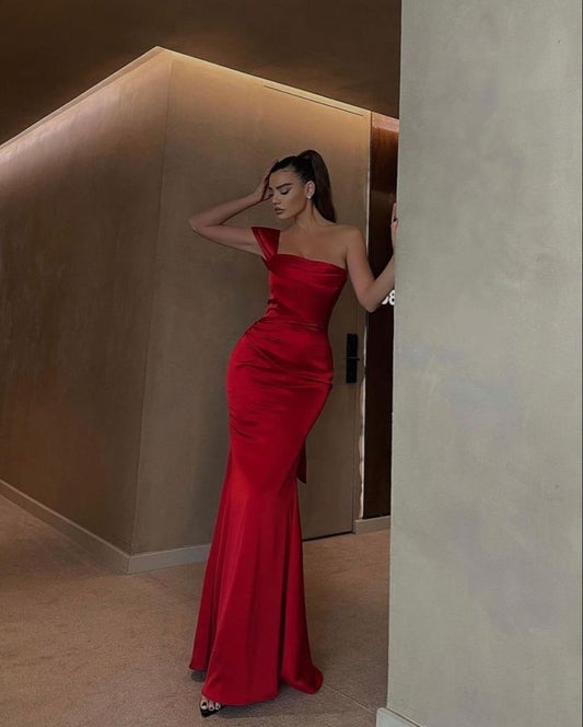 Pretty Mermaid One Shoulder Red Satin Prom Dresses Long Party Dress SD2276