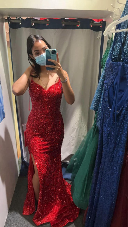 Pretty Mermaid Spaghetti Straps Red Sequin Slit Prom Dresses Long Party Dress SD2289