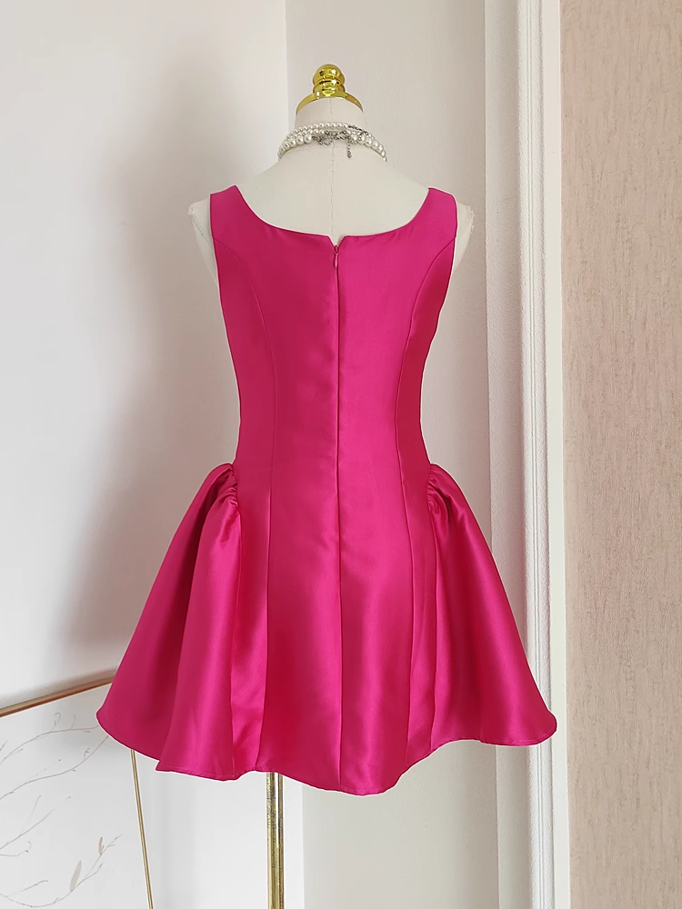 Cheap A line Straps Hot Pink Satin Short Homecoming Dresses Birthday Outfits SD228