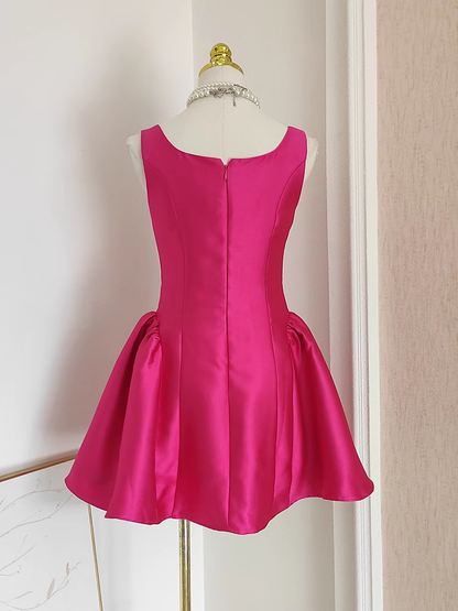 Cheap A line Straps Hot Pink Satin Short Homecoming Dresses Birthday Outfits SD228