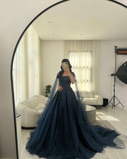 Sexy Ball Gown Navy Blue Tulle Long Sequin Prom Dresses Long Party Dress SD2292