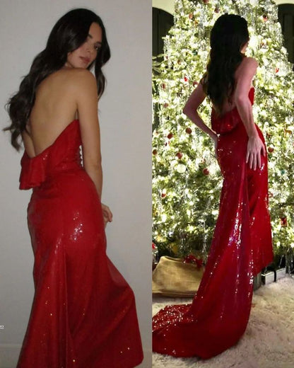 Pretty Mermaid Strapless Sequin Red Prom Dresses Long Party Dress SD2298