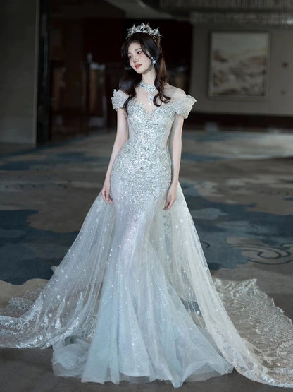 Pretty Mermaid Off The Shoulder Tulle Silver Beads Long Prom Dresses Formal Evening Dress SD2311