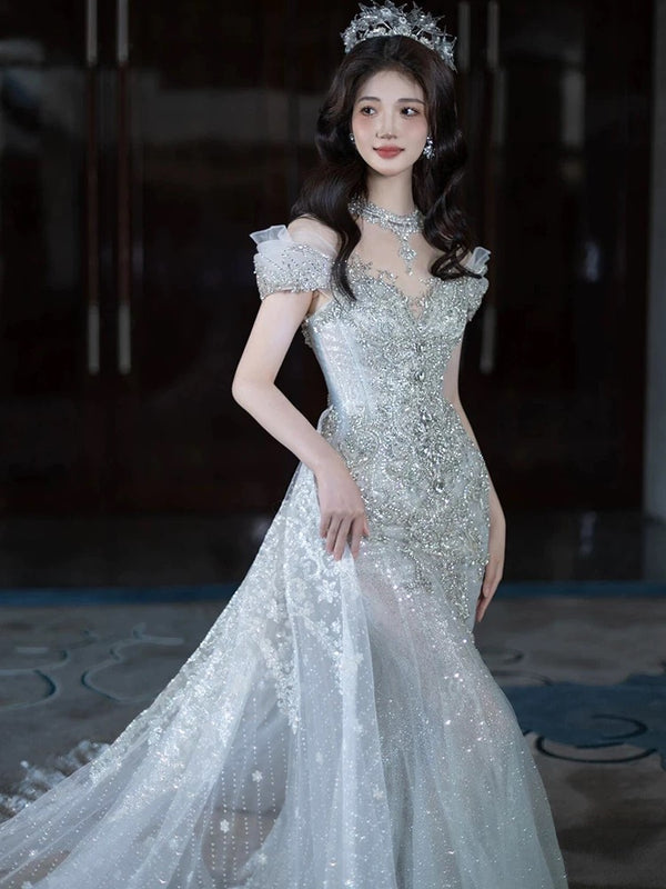 Luxury Off The Shoulder Tulle Beaded Prom Dress Long Mermaid Evening Dress Y8610