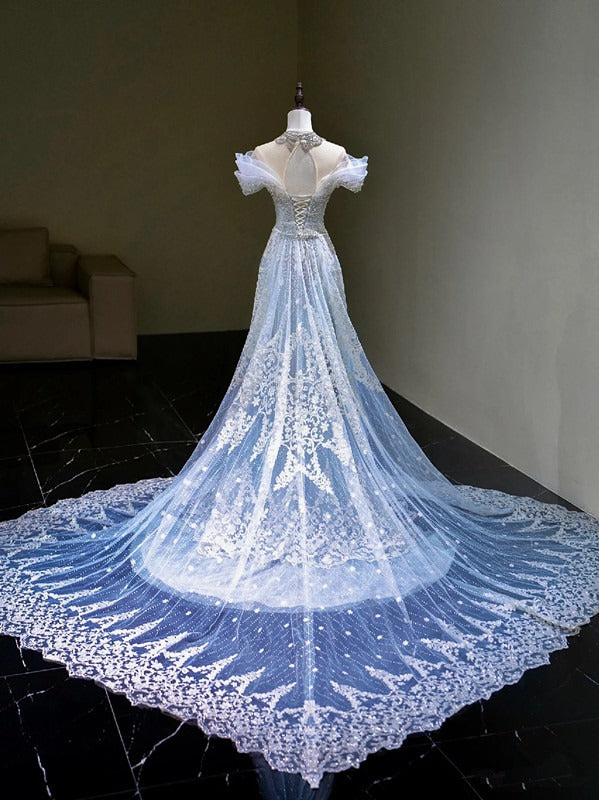 Pretty Mermaid Off The Shoulder Blue Tulle Silver Beads Long Prom Dresses Formal Evening Dress