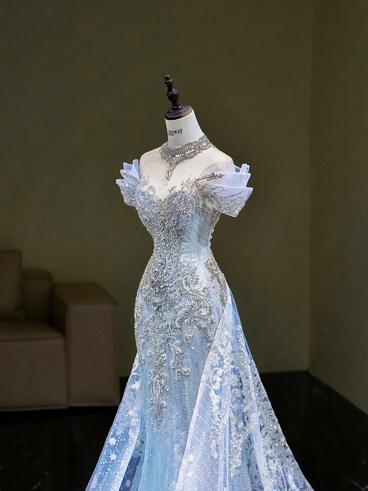 Pretty Mermaid Off The Shoulder Sequin Cap Sleeves Blue Evening Dress Long Prom Dresses With Beads main image 0