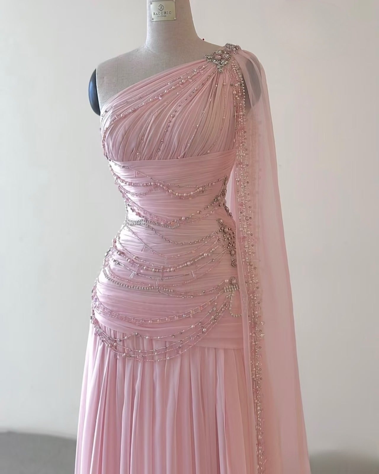 Classy Sheath One Shoulder Pink Long Chiffon Evening Gown Prom Dresses SD2314