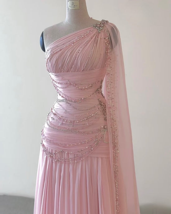 Classy Sheath One Shoulder Pink Long Chiffon Evening Gown Prom Dresses main image 0