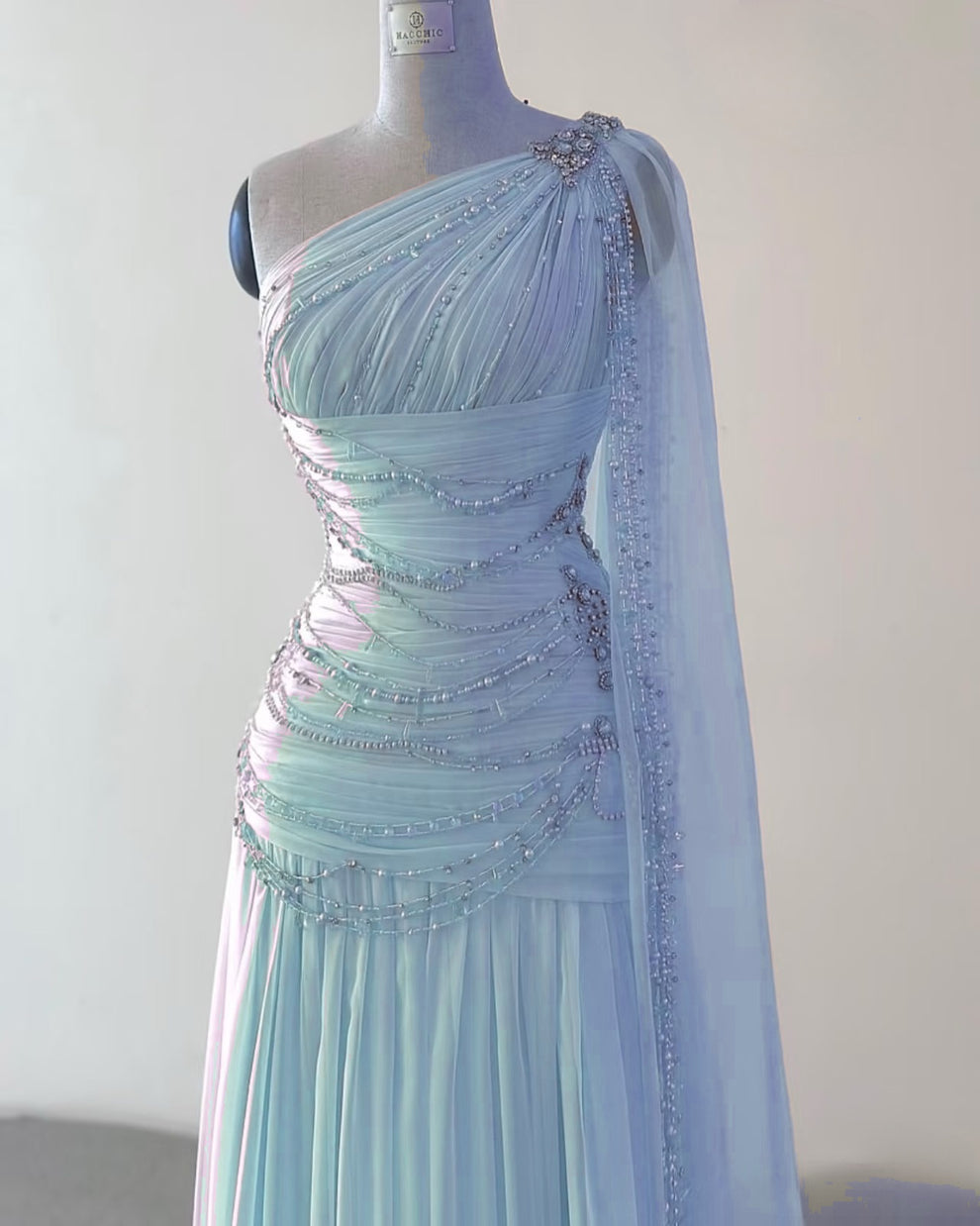 Pleated Bodice One Shoulder Long Chiffon Dresses Blushing Pink