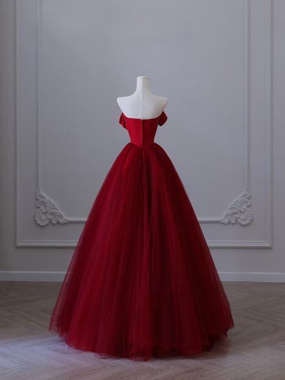 Pretty Ball Gown Strapless Burgundy Tulle Long Prom Dresses Evening Gowns SD2322