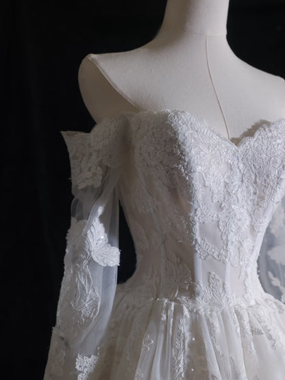 Timeless A line Off The Shoulder White Lace Long Sleeves Wedding Dresses Bridal Dress SD2327