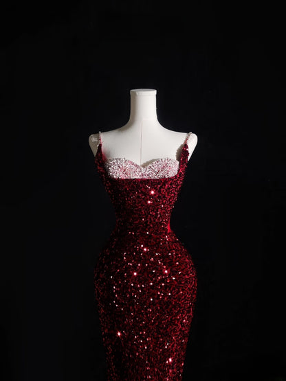 Pretty Mermaid Spaghetti Straps Sequin Beads Burgundy Long Prom Dresses Formal Evening Dress SD2337