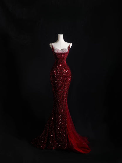 Pretty Mermaid Spaghetti Straps Sequin Beads Burgundy Long Prom Dresses Formal Evening Dress SD2337