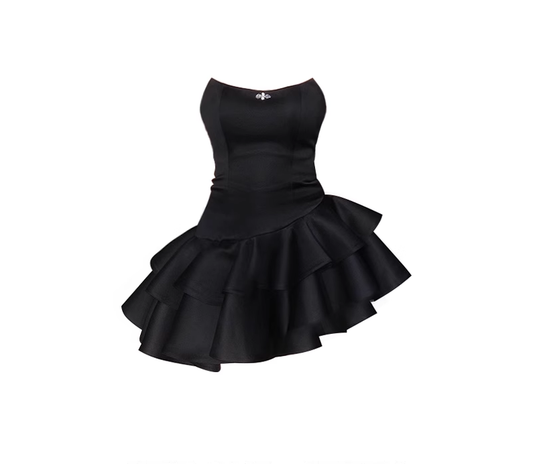 Cute A line Strapless Black Vacation Dresses Short Satin Birthday Dress SD234