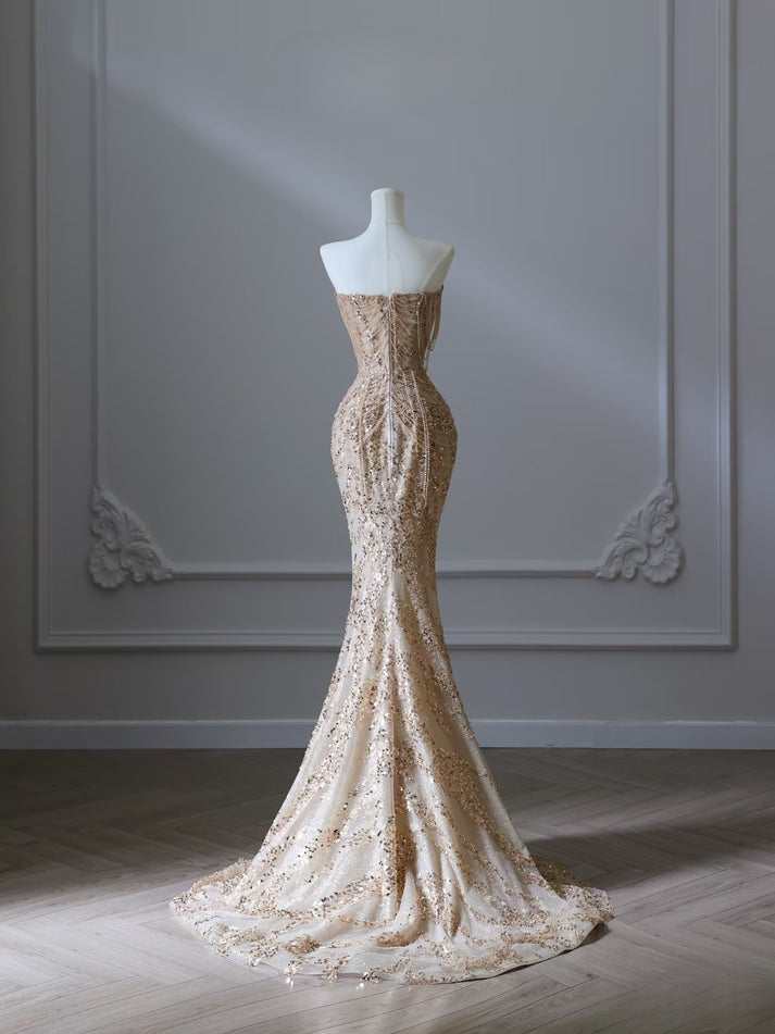 Gold Sequin Strapless Backless Mermaid Prom Dress main image 1