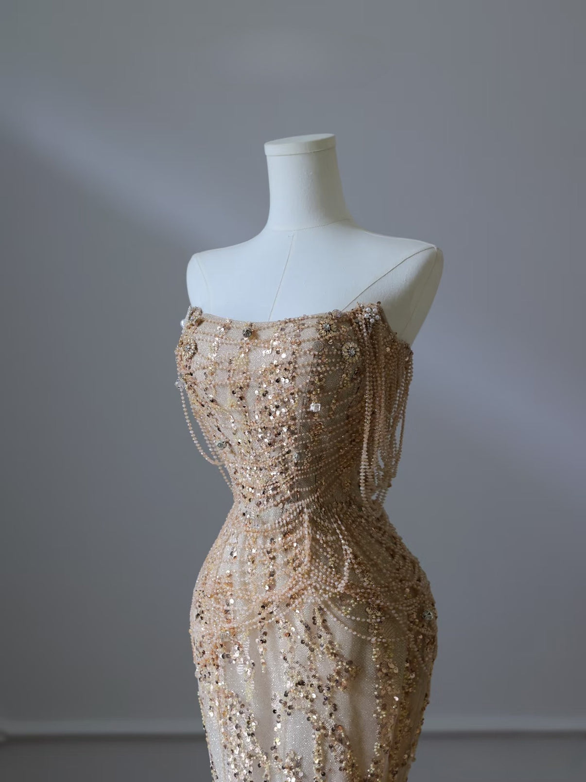 Gold Sequin Mermaid Strapless Split Evening Prom Dress