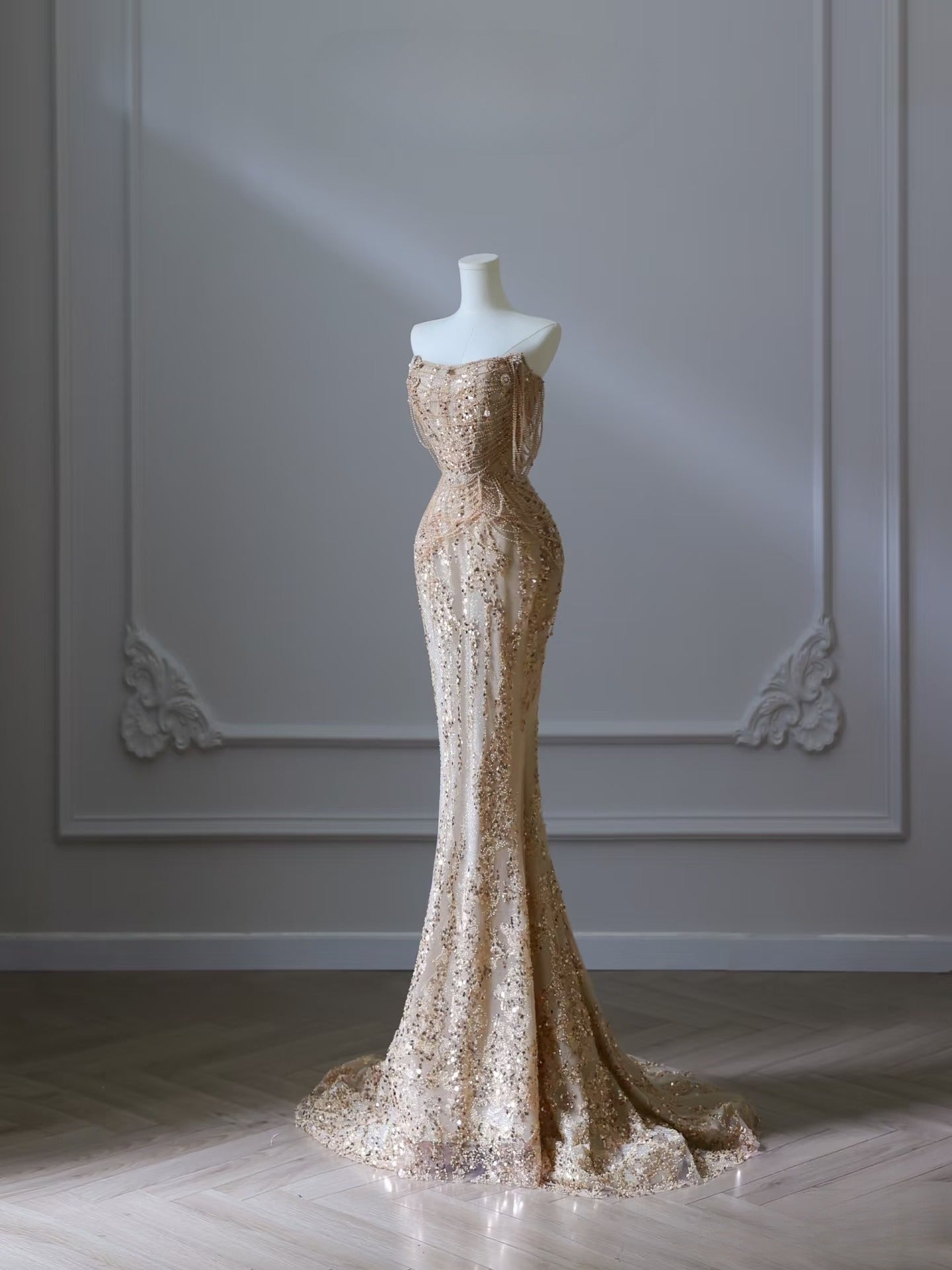 Pretty Mermaid Strapless Gold Sequin Beads Long Prom Dresses Formal Ev – SweetDress Pretty Mermaid Strapless Gold Sequin Beads Long Prom Dresses Formal Ev – SweetDress