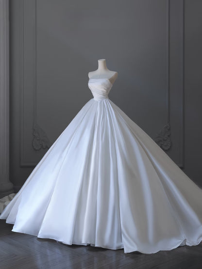 Timeless Ball Gown Strapless Satin White Wedding Dresses Brides Dress SD2349