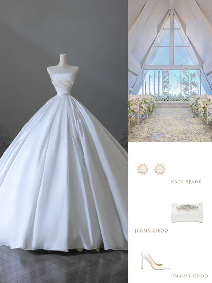 Timeless Ball Gown Strapless Satin White Wedding Dresses Brides Dress SD2349