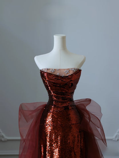 Pretty Mermaid Strapless Sequin Long Burgundy Ruffles Long Prom Dresses Formal Evening Dress SD2350