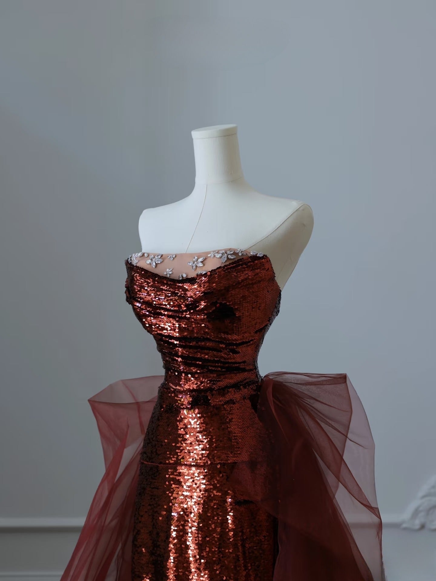 Pretty Mermaid Strapless Sequin Long Burgundy Ruffles Long Prom Dresses Formal Evening Dress SD2350