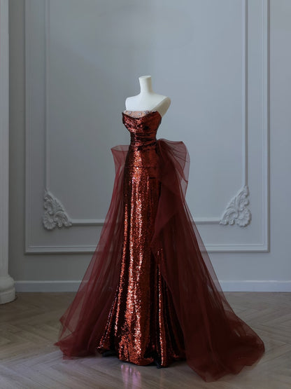 Pretty Mermaid Strapless Sequin Long Burgundy Ruffles Long Prom Dresses Formal Evening Dress SD2350