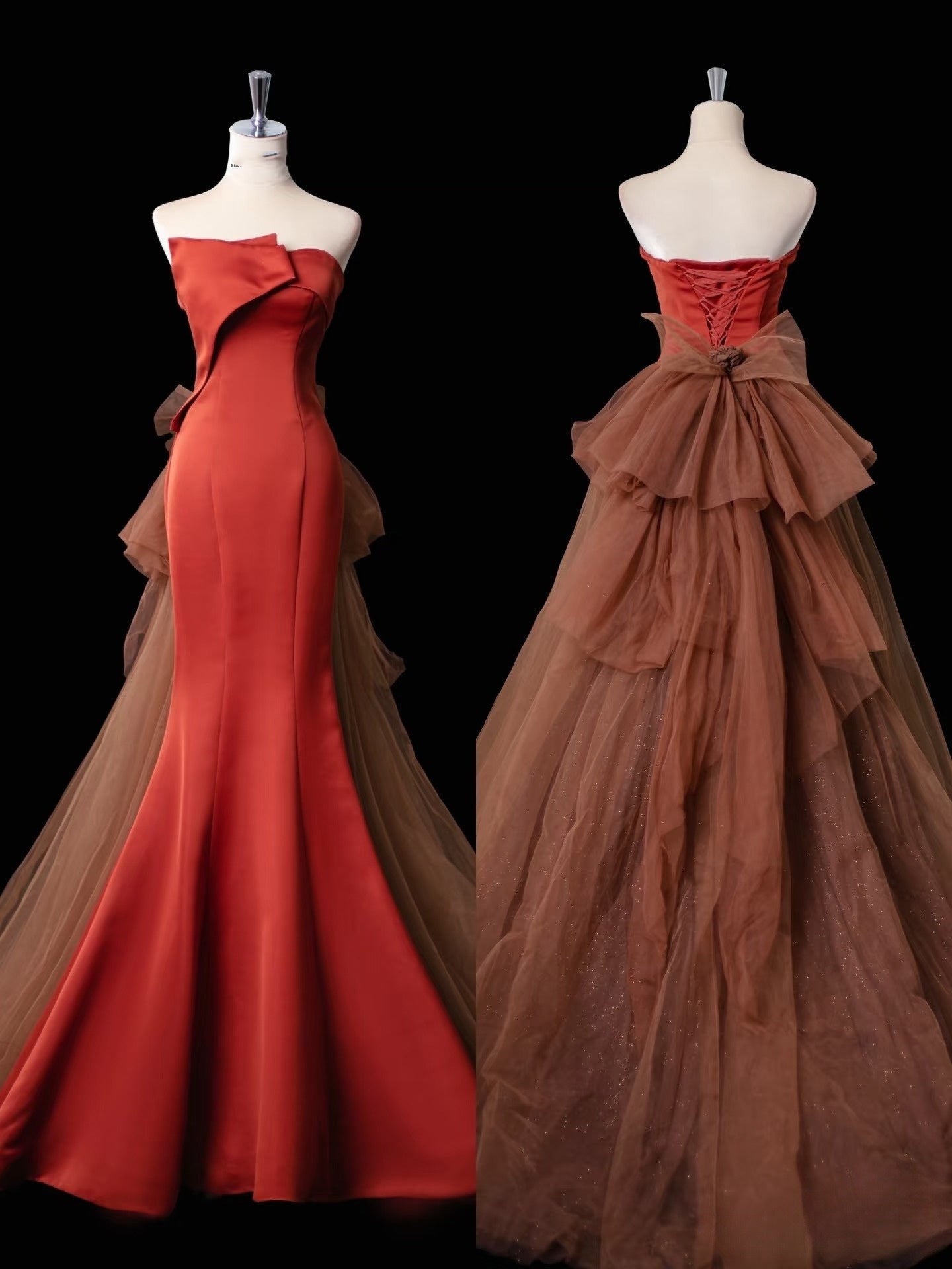 Pretty Mermaid Strapless Satin Long Rust Red Ruffles Long Prom Dresses Formal Evening Dress SD2354